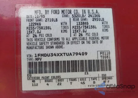 1996 Ford Explorer z USA, uszkodzony, nr VIN 1FMDU34XXTUA79409